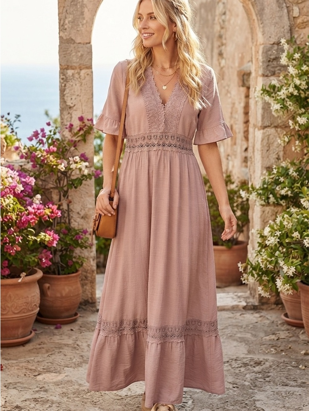 Wishlist Apparel Dusty Rose Lace Maxi Dress Sz L